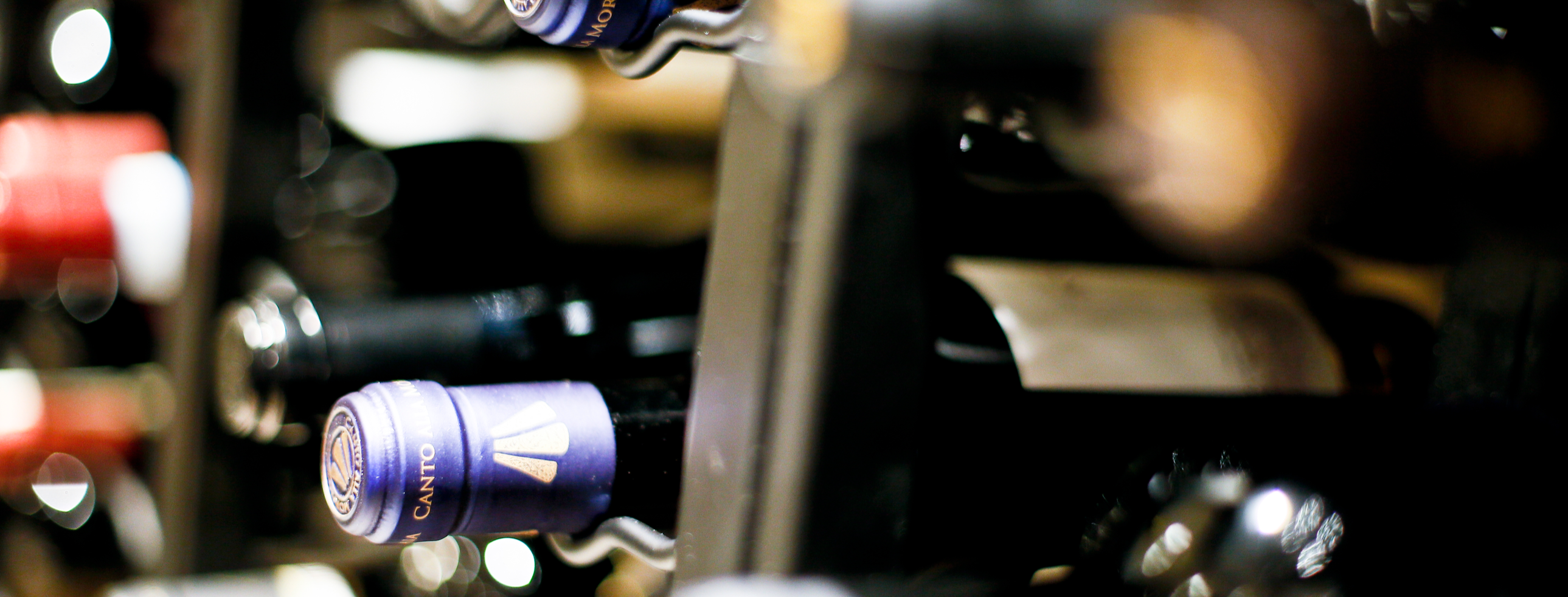 Wine bottles on a rack